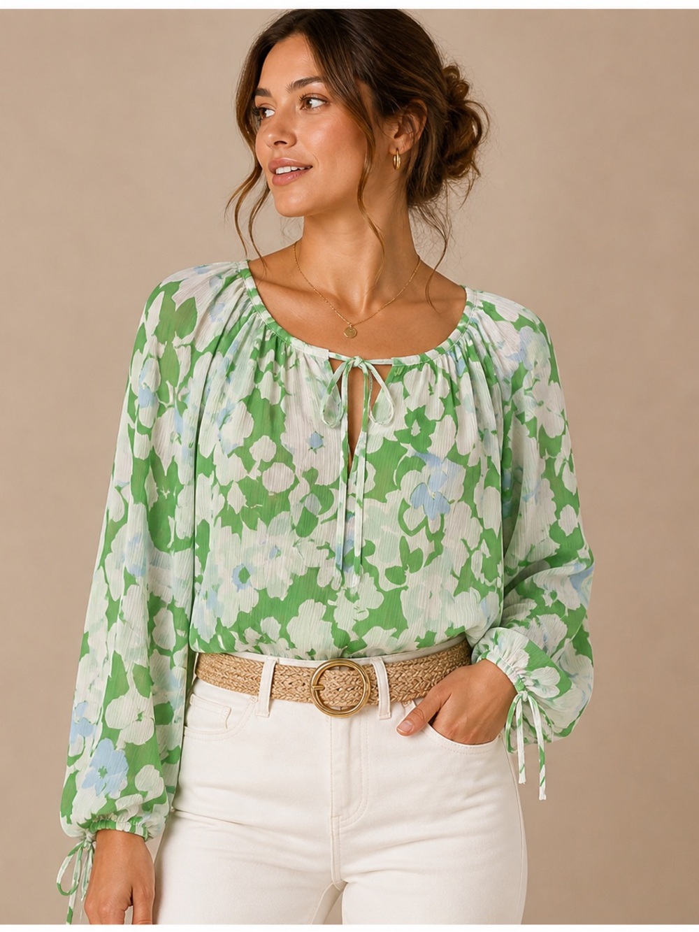 Autres Filles Floral Print Puff Sleeve Peasant Blouse Green Blue Size Medium